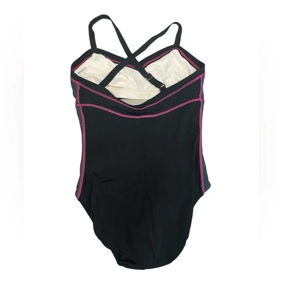 Nike Women's Crossback Black and Gray One-Piece Swimsuit with Pink Trim - Picture 4 of 4